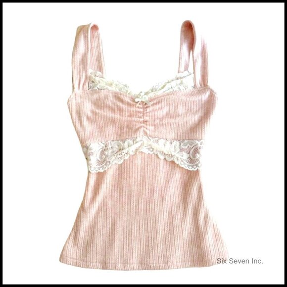 Tops - Fairy Grunge Tank Top Lace Trim Slim Fit Y2K Vintage Coquette Chic